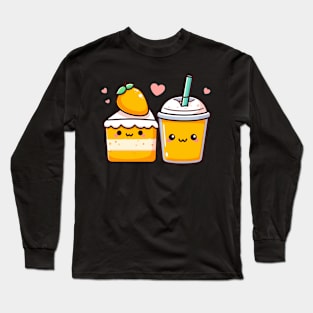 Cute Mango Milkshake and Mango Cake in Kawaii Style with Hearts | Cutesy Design Long Sleeve T-Shirt